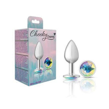 Load image into Gallery viewer, Cheeky Charms Silver Round Butt Plug w Clear Iridescent Jewel Small
