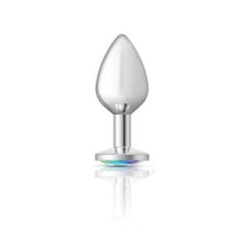 Load image into Gallery viewer, Cheeky Charms Silver Round Butt Plug w Clear Iridescent Jewel Large
