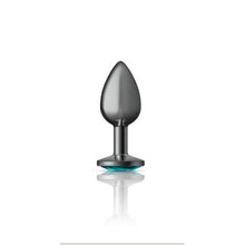Load image into Gallery viewer, Cheeky Charms Gunmetal Round Butt Plug w Teal Jewel Small
