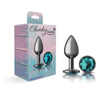 Load image into Gallery viewer, Cheeky Charms Gunmetal Round Butt Plug w Teal Jewel Small
