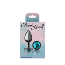 Load image into Gallery viewer, Cheeky Charms Gunmetal Round Butt Plug w Teal Jewel Small
