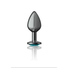 Load image into Gallery viewer, Cheeky Charms Gunmetal Round Butt Plug w Teal Jewel Medium
