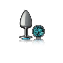 Load image into Gallery viewer, Cheeky Charms Gunmetal Round Butt Plug w Teal Jewel Large
