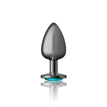 Load image into Gallery viewer, Cheeky Charms Gunmetal Round Butt Plug w Teal Jewel Large
