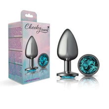 Load image into Gallery viewer, Cheeky Charms Gunmetal Round Butt Plug w Teal Jewel Large
