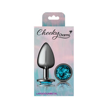 Load image into Gallery viewer, Cheeky Charms Gunmetal Round Butt Plug w Teal Jewel Large
