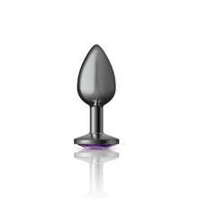 Load image into Gallery viewer, Cheeky Charms Gunmetal Round Butt Plug w Purple Jewel Small
