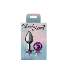 Load image into Gallery viewer, Cheeky Charms Gunmetal Round Butt Plug w Purple Jewel Small
