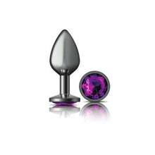 Load image into Gallery viewer, Cheeky Charms Gunmetal Round Butt Plug w Purple Jewel Medium
