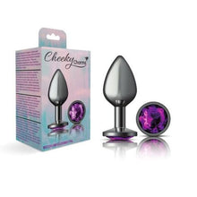 Load image into Gallery viewer, Cheeky Charms Gunmetal Round Butt Plug w Purple Jewel Medium
