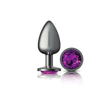 Load image into Gallery viewer, Cheeky Charms Gunmetal Round Butt Plug w Purple Jewel Large
