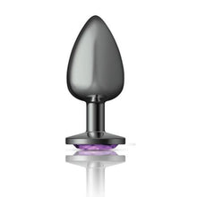 Load image into Gallery viewer, Cheeky Charms Gunmetal Round Butt Plug w Purple Jewel Large
