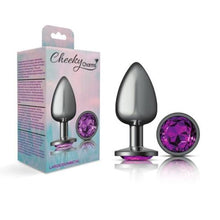 Load image into Gallery viewer, Cheeky Charms Gunmetal Round Butt Plug w Purple Jewel Large
