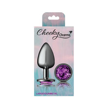 Load image into Gallery viewer, Cheeky Charms Gunmetal Round Butt Plug w Purple Jewel Large
