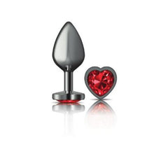 Load image into Gallery viewer, Cheeky Charms Gunmetal  Butt Plug w Heart Red Jewel Medium
