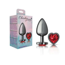 Load image into Gallery viewer, Cheeky Charms Gunmetal  Butt Plug w Heart Red Jewel Large
