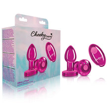 Load image into Gallery viewer, Cheeky Charms Pink Rechargeable Vibrating Metal Butt Plug w Remote Small
