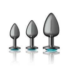 Load image into Gallery viewer, Cheeky Charms Round Metal Butt Plug Gunmetal 3 Pc Kit w Teal Jewel
