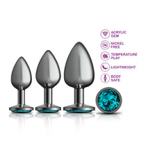 Load image into Gallery viewer, Cheeky Charms Round Metal Butt Plug Gunmetal 3 Pc Kit w Teal Jewel
