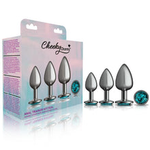 Load image into Gallery viewer, Cheeky Charms Round Metal Butt Plug Gunmetal 3 Pc Kit w Teal Jewel
