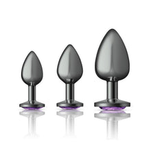 Load image into Gallery viewer, Cheeky Charms Round Metal Butt Plug Gunmetal 3 Pc Kit w Purple Jewel
