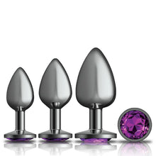 Load image into Gallery viewer, Cheeky Charms Round Metal Butt Plug Gunmetal 3 Pc Kit w Purple Jewel
