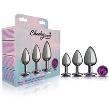 Load image into Gallery viewer, Cheeky Charms Round Metal Butt Plug Gunmetal 3 Pc Kit w Purple Jewel
