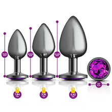 Load image into Gallery viewer, Cheeky Charms Round Metal Butt Plug Gunmetal 3 Pc Kit w Purple Jewel
