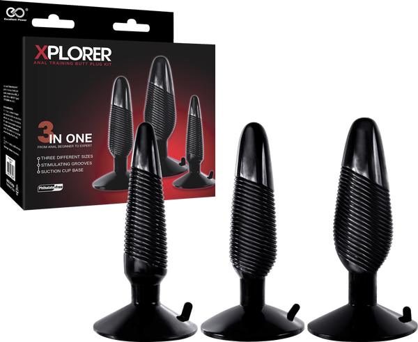 Xplorer Anal Training Butt Plug Kit (Ribbed) (Black)