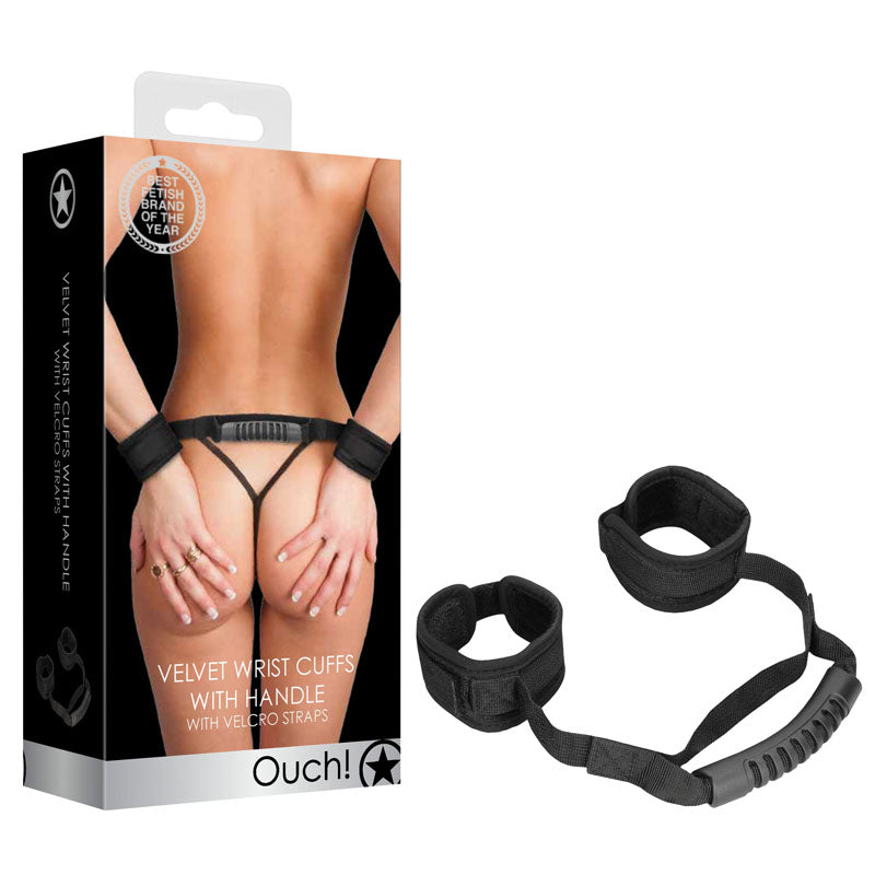 OUCH! Velvet & Velcro Adjustable Handcuffs with Handle