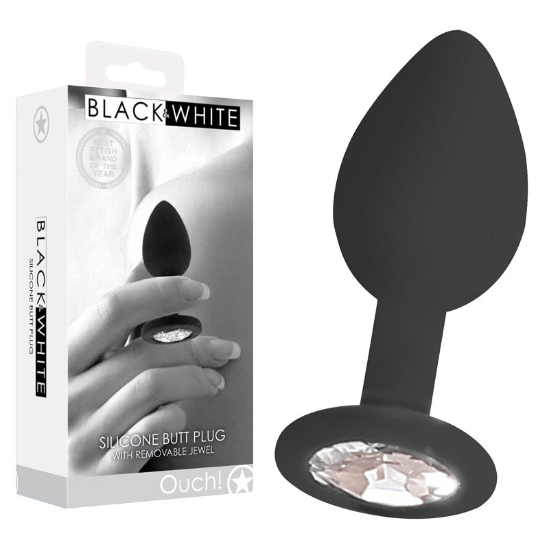 OUCH! Black & White Silicone Butt Plug with Removable Jewel