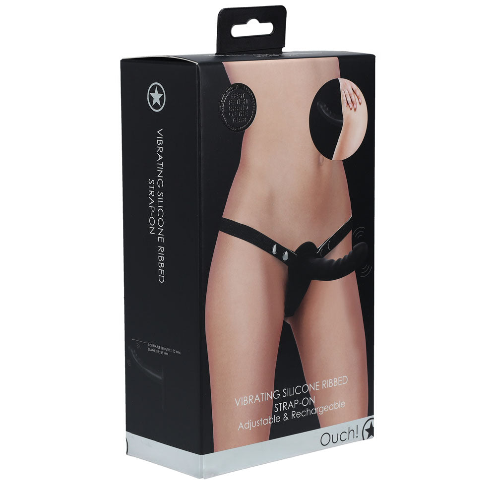 OUCH! Vibrating Silicone Ribbed Strap-On - Black